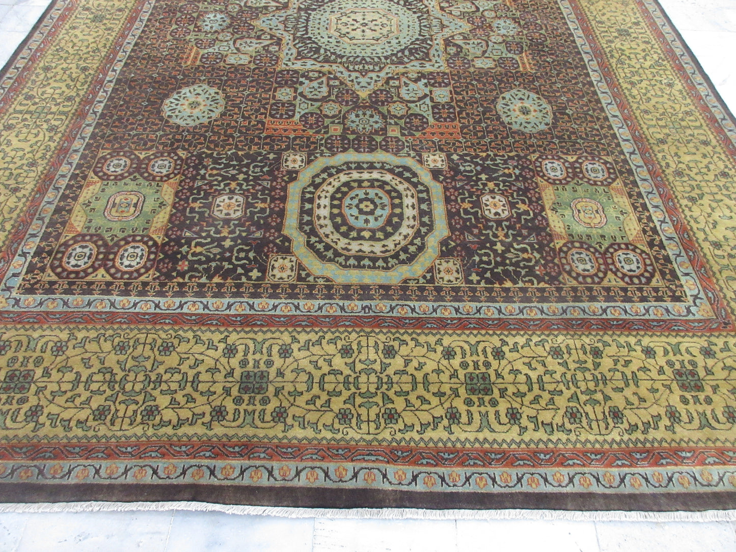 Antique Persian 12X9 ft Handmade Wool Oriental Rug – Unique Geometric Medallion Design in Brown & Gold