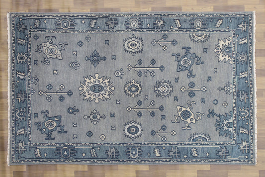 7.10'x5.0' Traditional Handmade Gray & Aqua Area Rug, Asian/Oriental Living Room