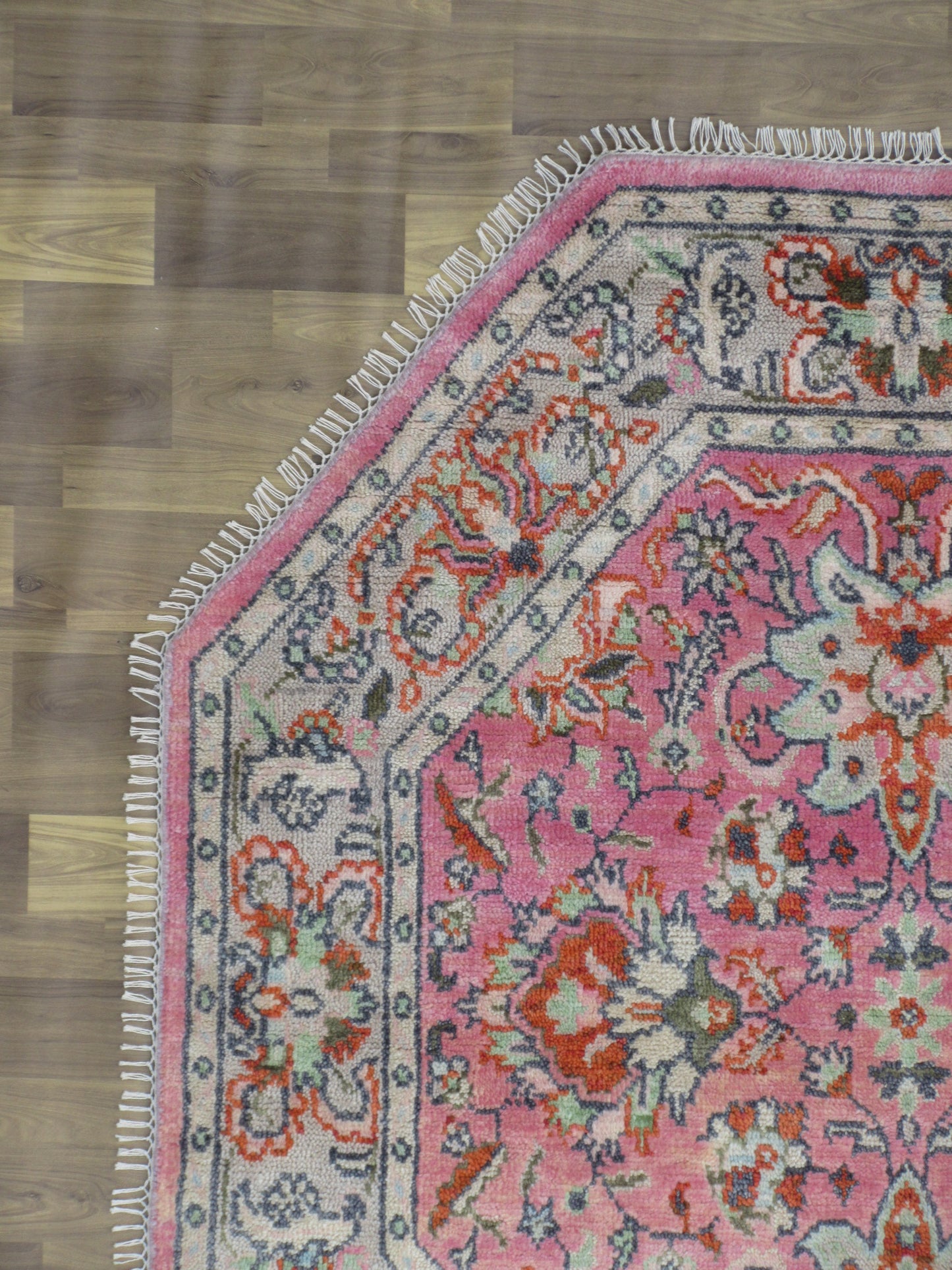 Handmade Octagonal Floral Pink Wool Rug - 6.4ft x 5.11 ft Vintage Inspired Carpet