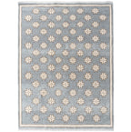 Gray Blue handwoven star rug with cream pattern and fringe on white background