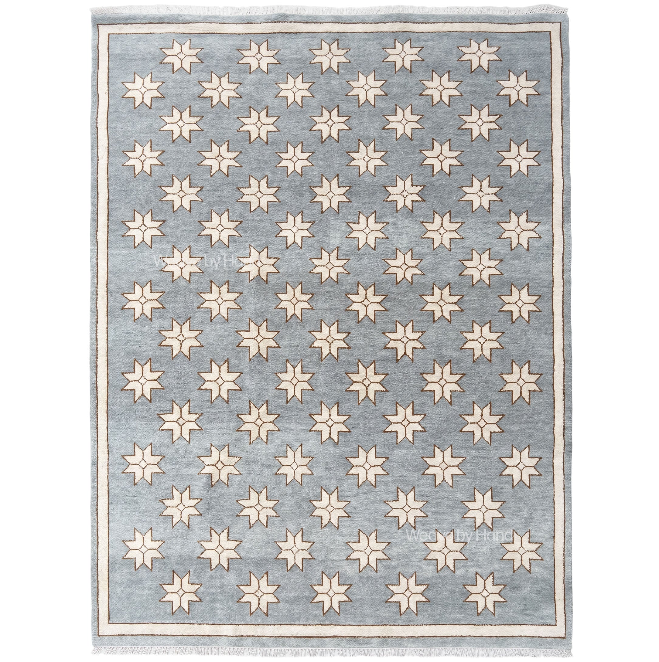 Gray Blue handwoven star rug with cream pattern and fringe on white background