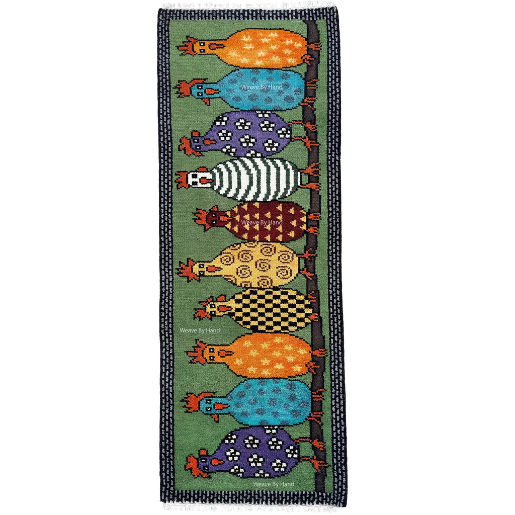 Colorful Hen Hand-Knotted Wool Runner Rug – Rangili, Custom Made