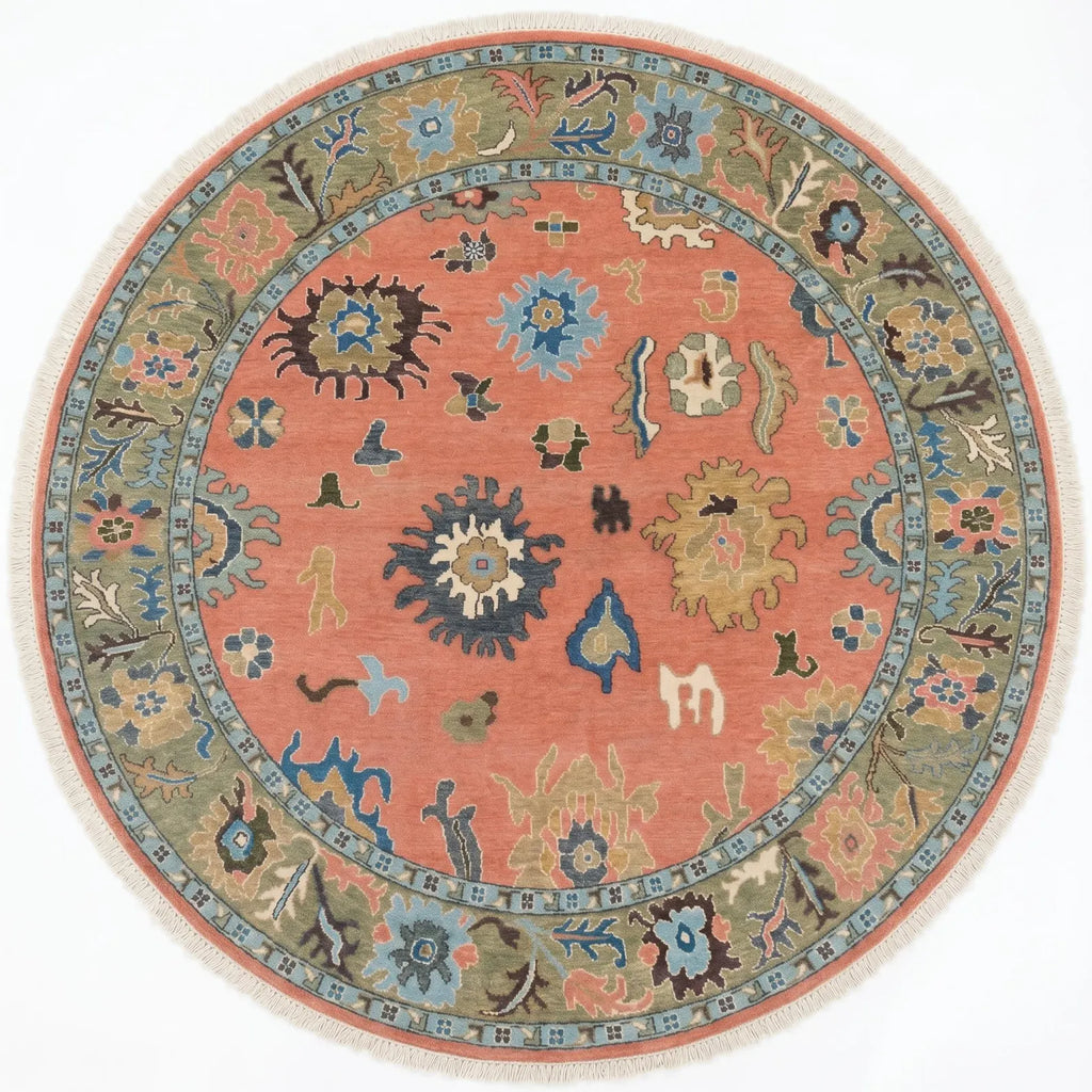 Coral Botanical Oushak Hand-Knotted Wool Rug – Gulbahar Haveli, Custom Made