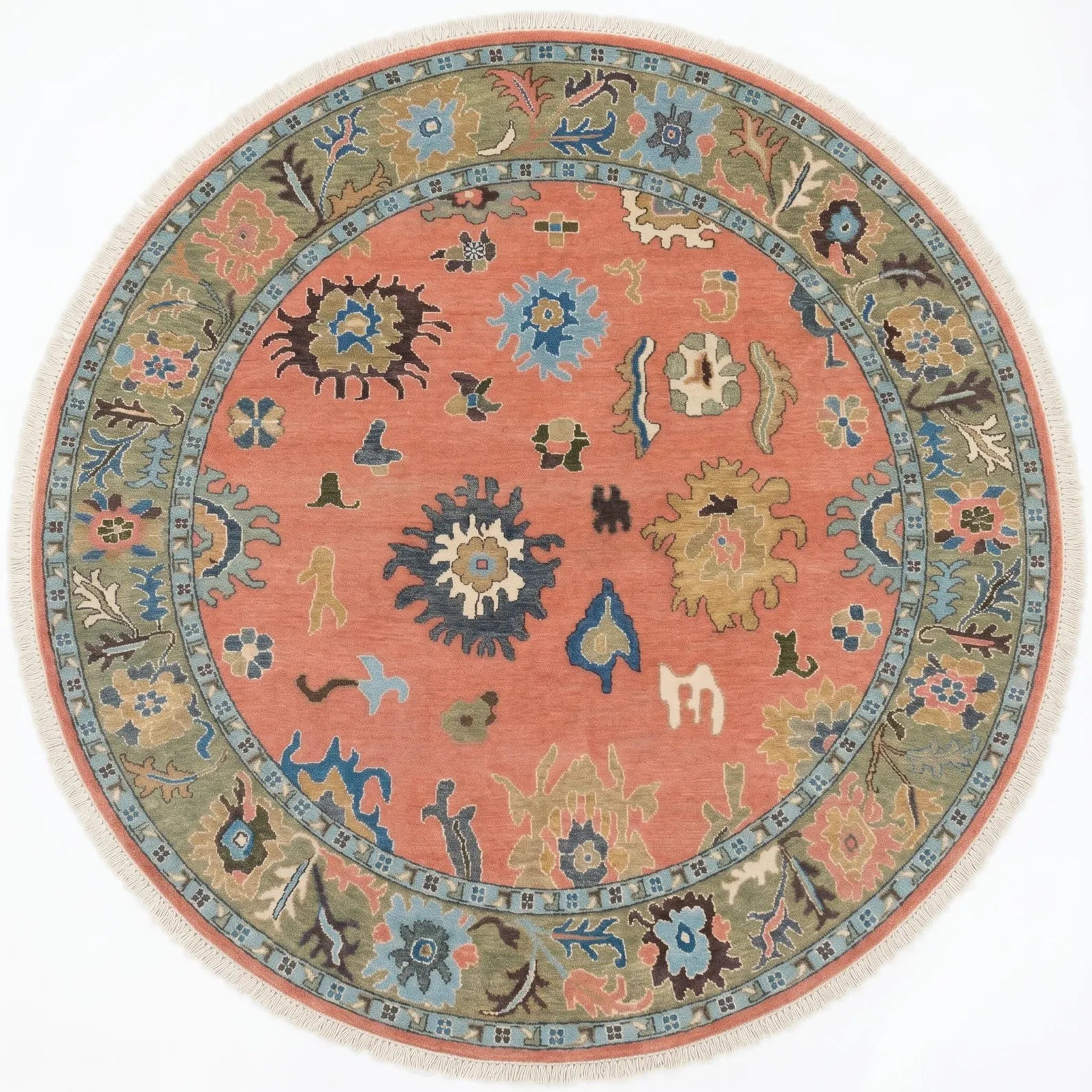 Coral Botanical Oushak Hand-Knotted Wool Rug – Gulbahar Haveli, Custom Made