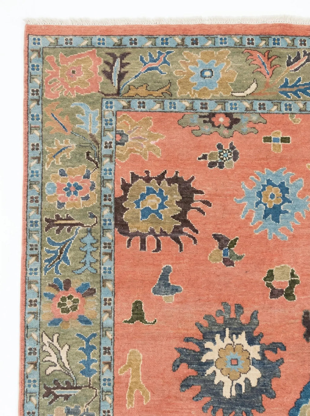 Coral Botanical Oushak Hand-Knotted Wool Rug – Gulbahar Haveli, Custom Made