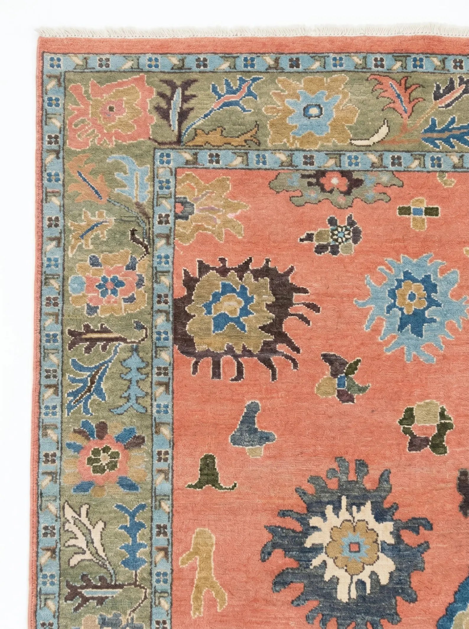 Coral Botanical Oushak Hand-Knotted Wool Rug – Gulbahar Haveli, Custom Made