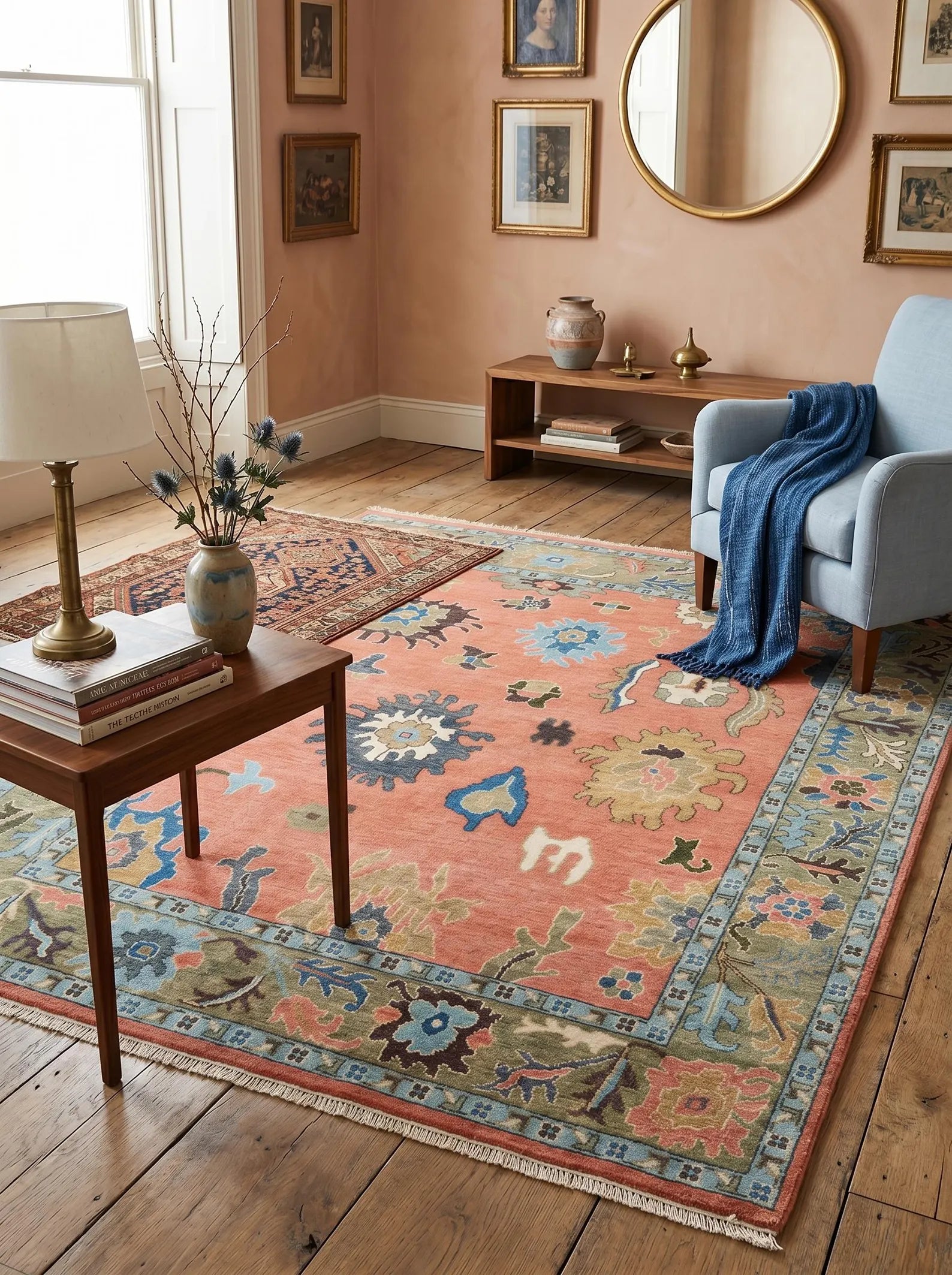 Coral Botanical Oushak Hand-Knotted Wool Rug – Gulbahar Haveli, Custom Made