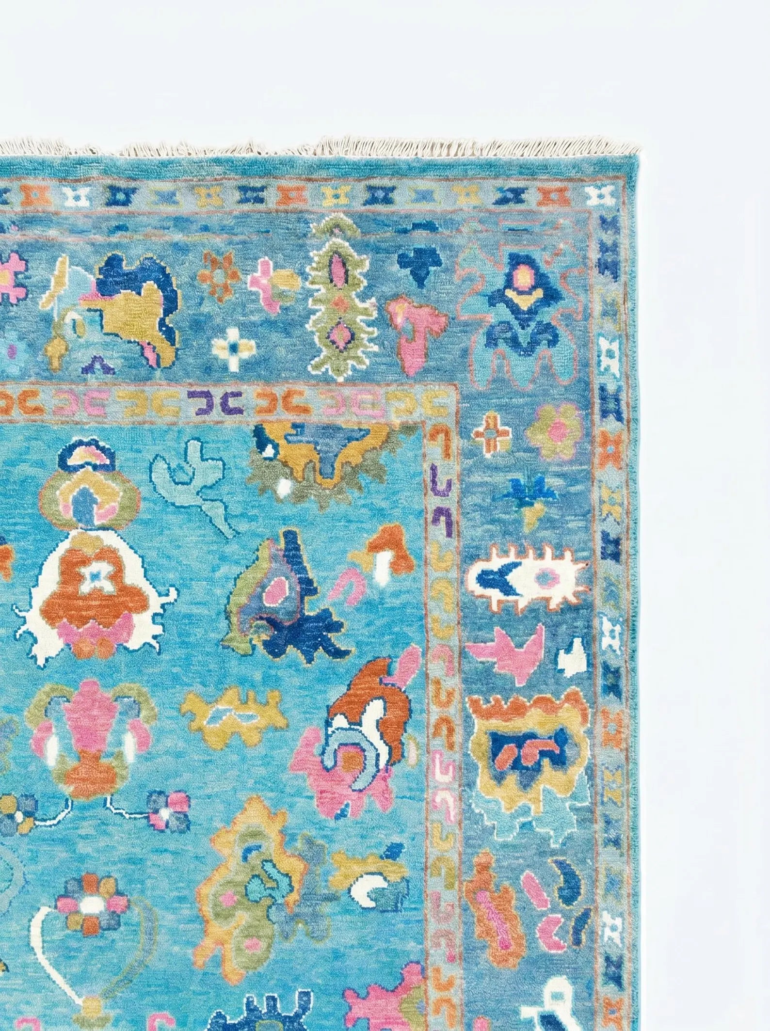 Turquoise Blue Oushak Hand-Knotted Wool Rug – Custom Made