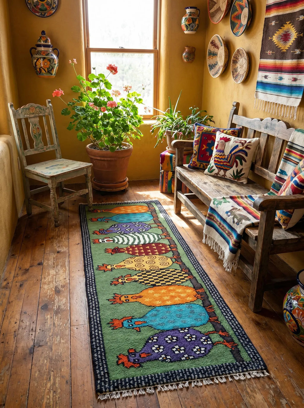 Colorful Hen Hand-Knotted Wool Runner Rug – Rangili, Custom Made