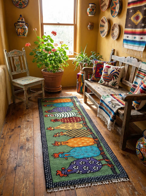 Colorful Hen Hand-Knotted Wool Runner Rug – Rangili, Custom Made