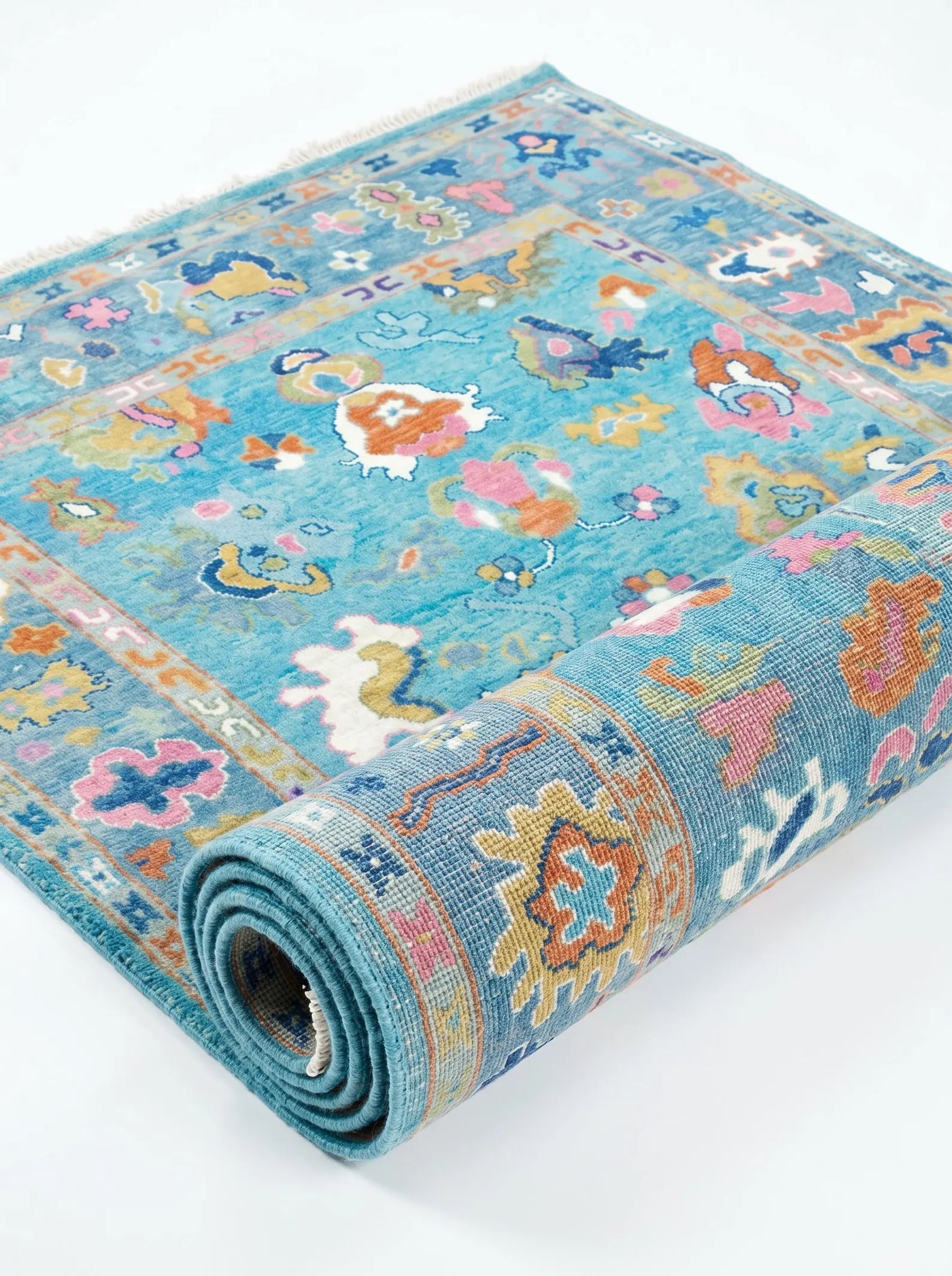 Turquoise Blue Oushak Hand-Knotted Wool Rug – Custom Made