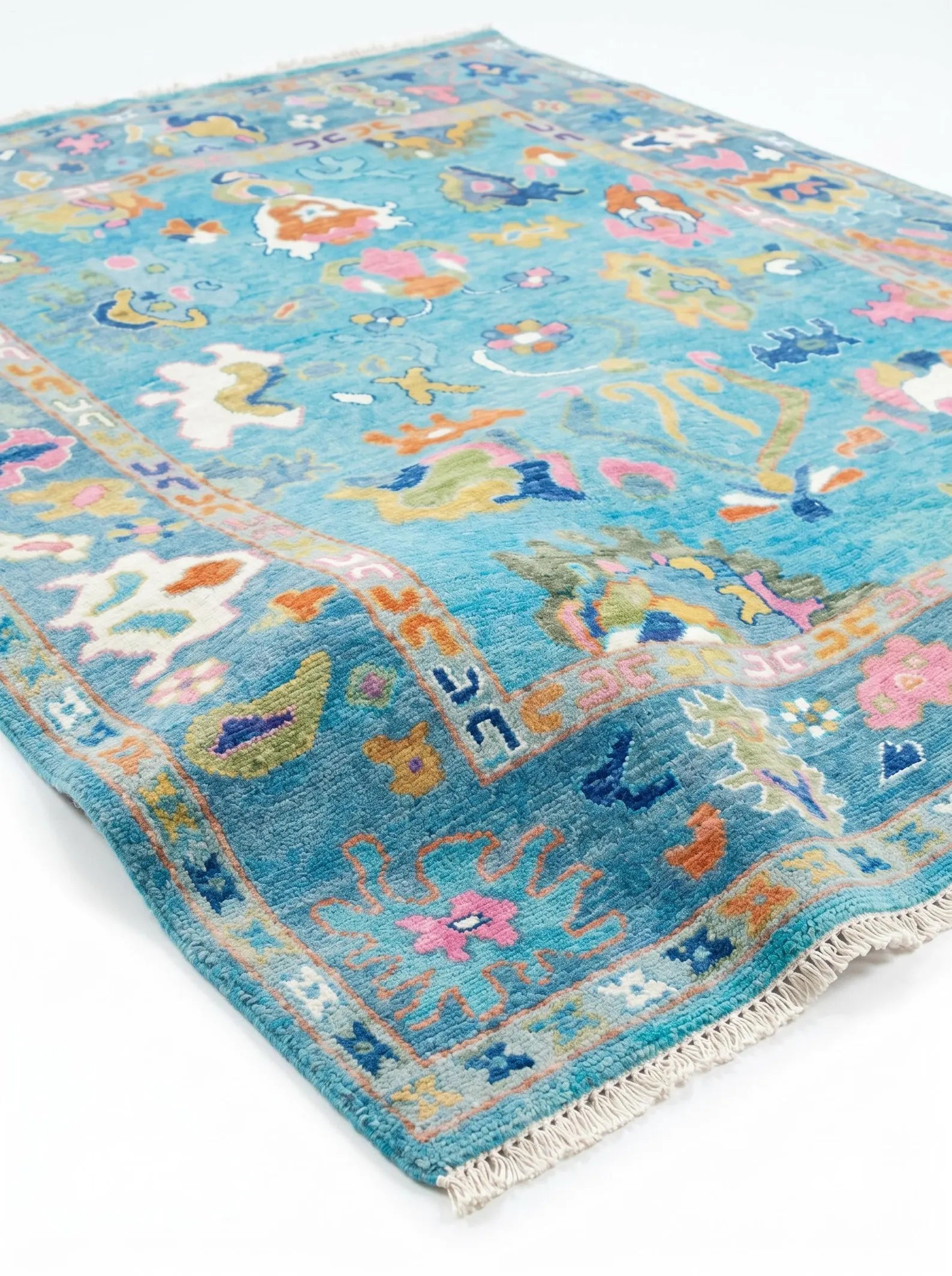 Turquoise Blue Oushak Hand-Knotted Wool Rug – Custom Made