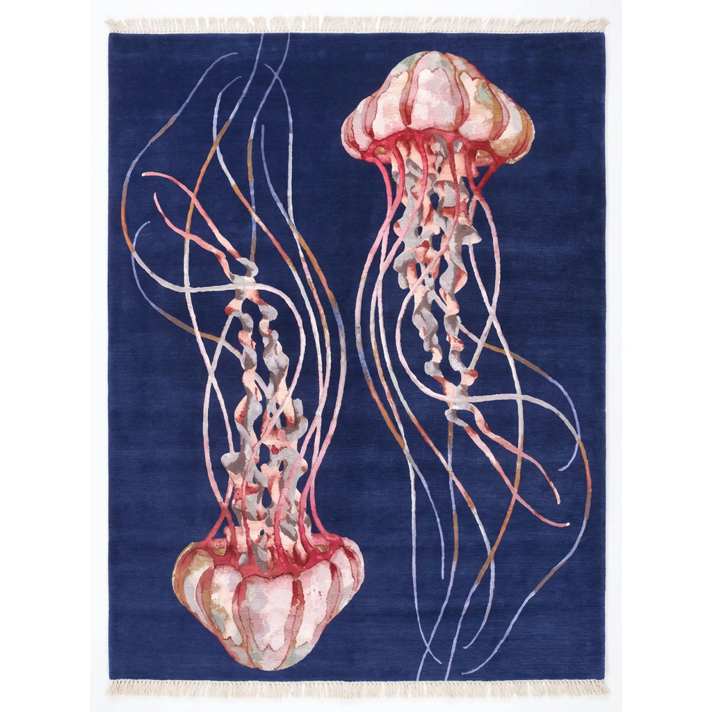 Navy Jellyfish Hand-Knotted Wool Rug – Sagarika, Custom Made